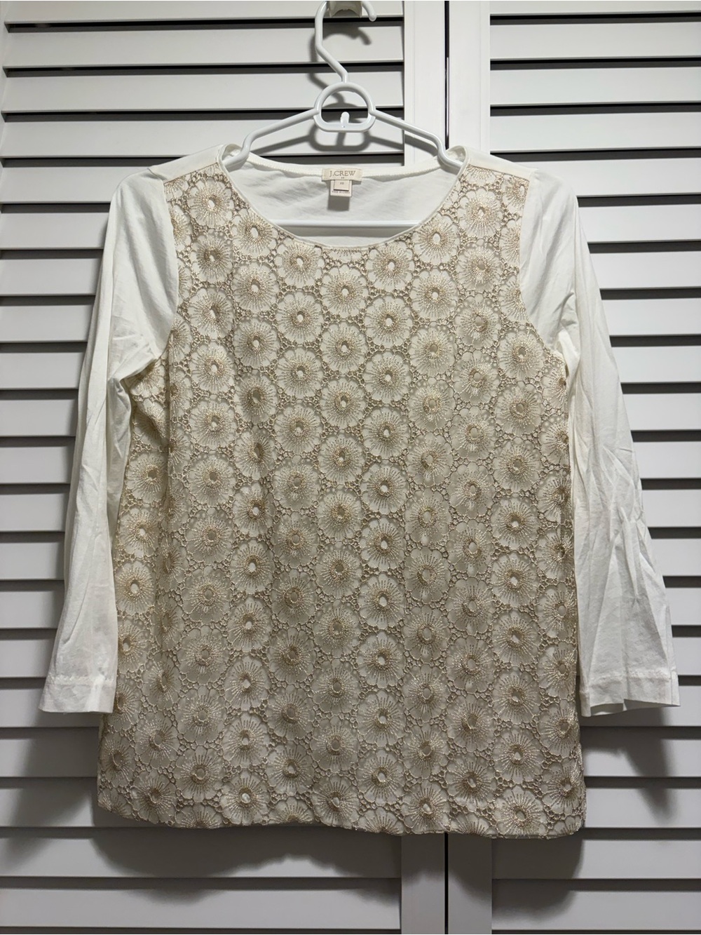 J. Crew off white Cotton Knit top w/metallic gold floral lace overlay 3/4 sleeve